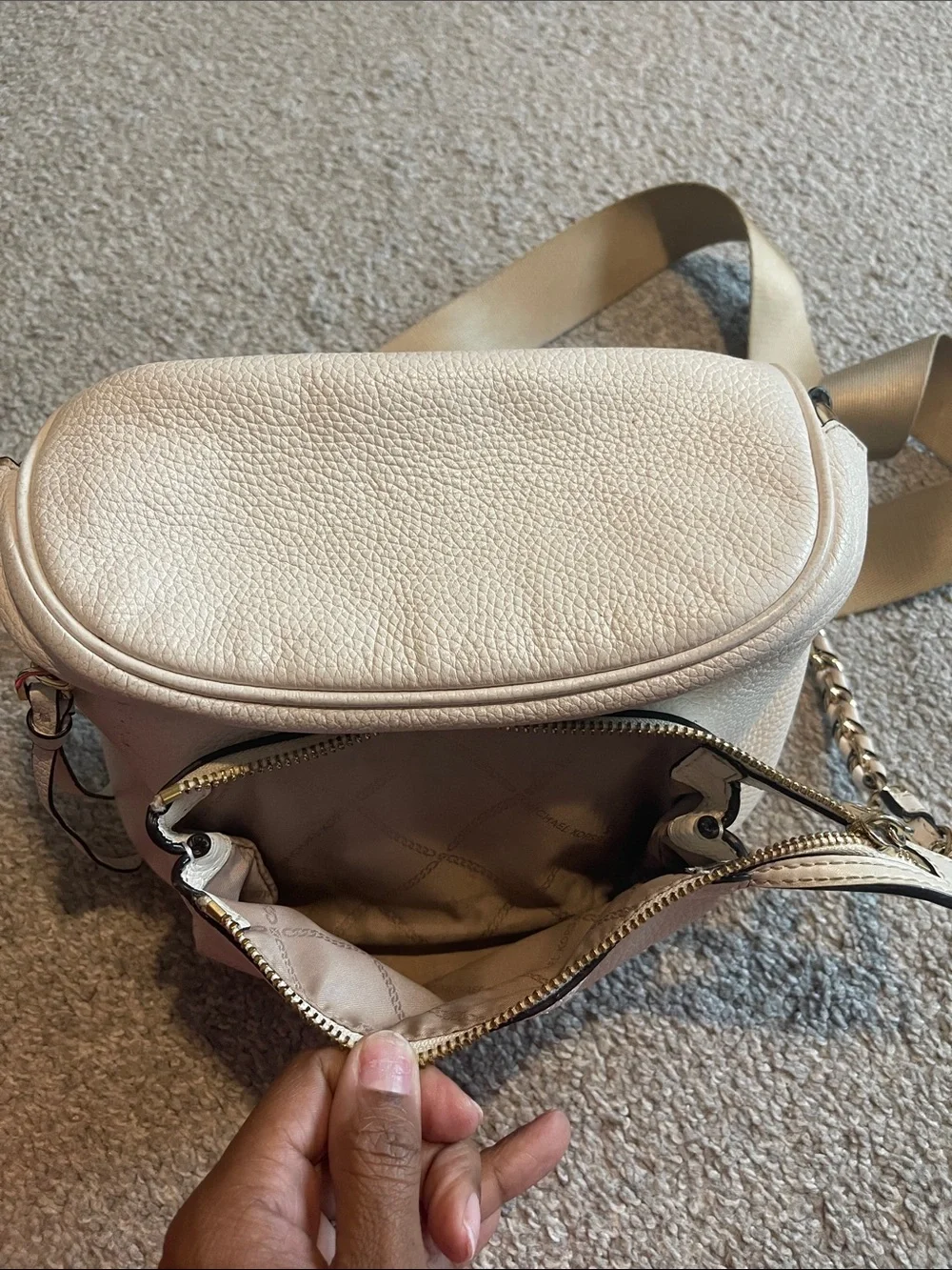 Michael Kors Cream Pebbled Leather Crossbody Belt Bag with Gold Hardware